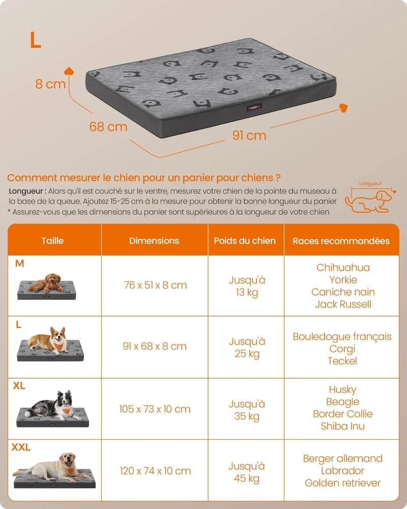 Panier pour chien confort orthopédique avec déhoussage rapide 76 x 51 x 8 cm en flanelle gris tourterelle 12_0011186