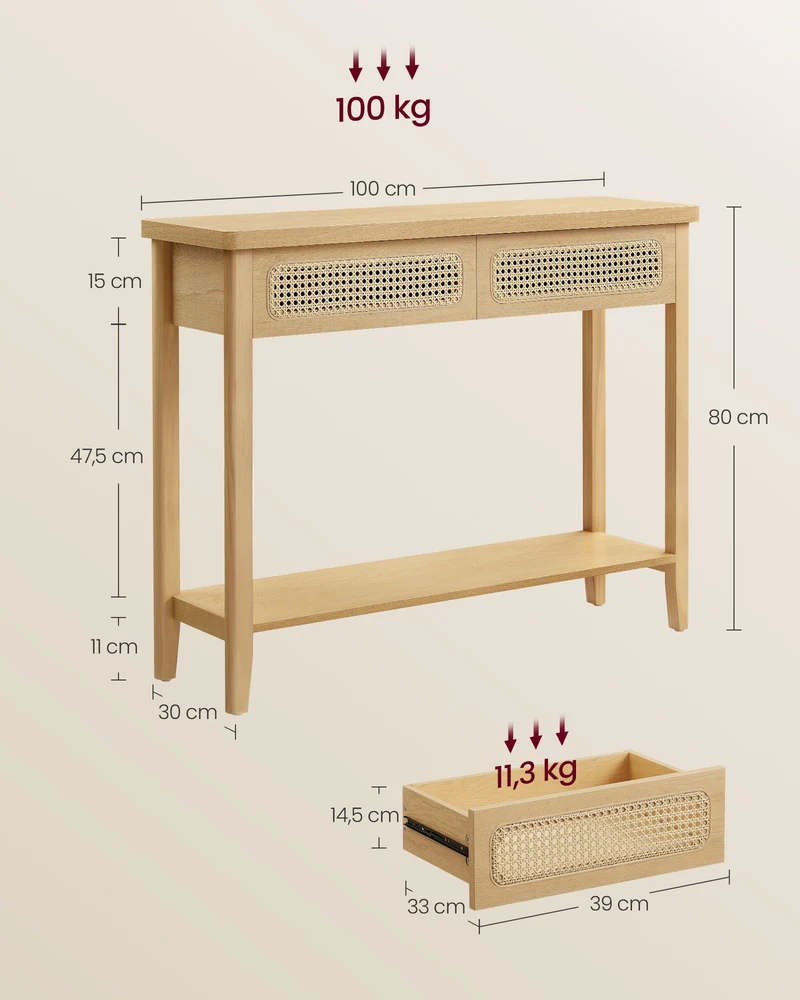 Table console d'entrée avec 2 tiroirs et étagère ouverte coins arrondis 30 x 100 x 80 cm en MDF beige 12_0011098