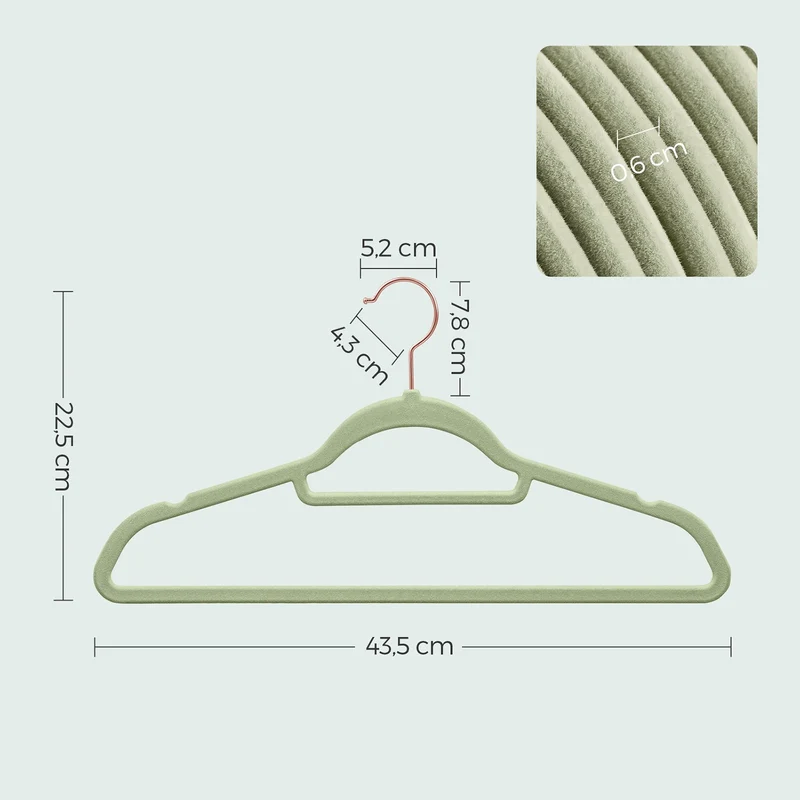 Lot de 30 cintres en velours antidérapants 43,5 x 0,6 x 22,5 cm pour manteaux robes pantalons finition élégante en velours vert clair 12_0010214