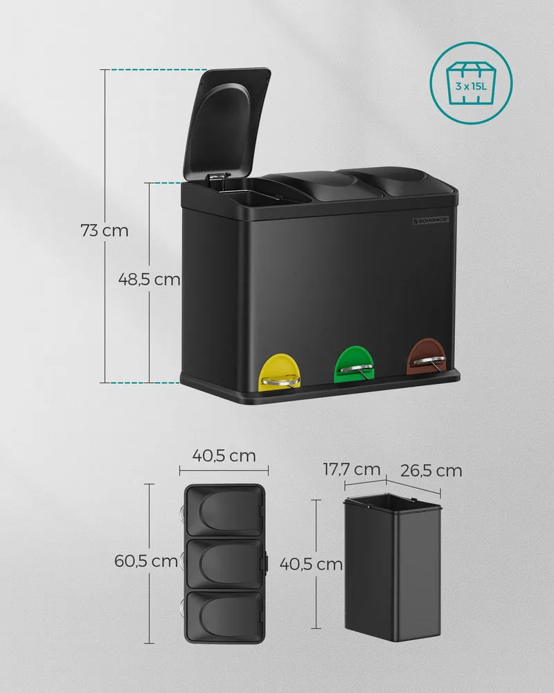 Poubelle de tri à 3 compartiments 60,5 x 31,5 x 48,5 cm avec seaux amovibles ergonomiques design moderne en acier noir 12_0008869