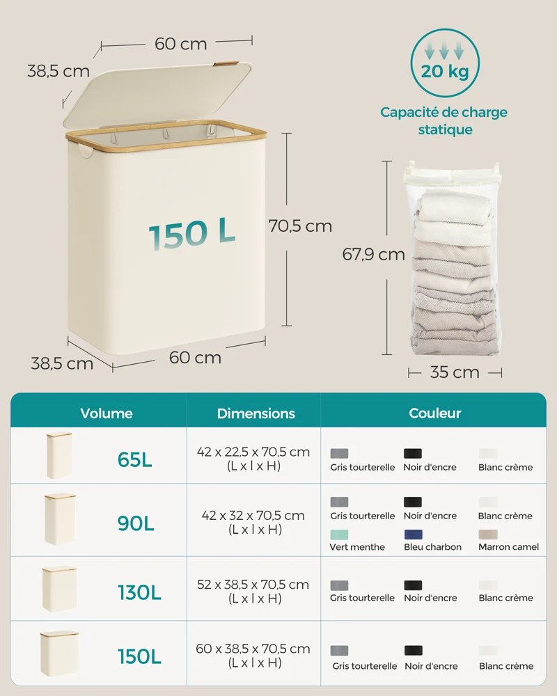 Panier à linge pliable gain de place 65 x 40 x 40 cm avec doublure amovible style moderne en tissu oxford gris 12_0012032