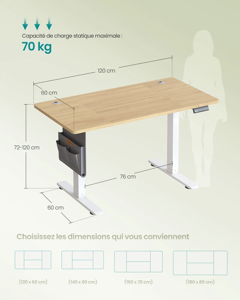Bureau réglable en hauteur 120 x 60 x 120 cm 4 hauteurs mémorisables finition moderne en aggloméré doré chêne 12_0011770