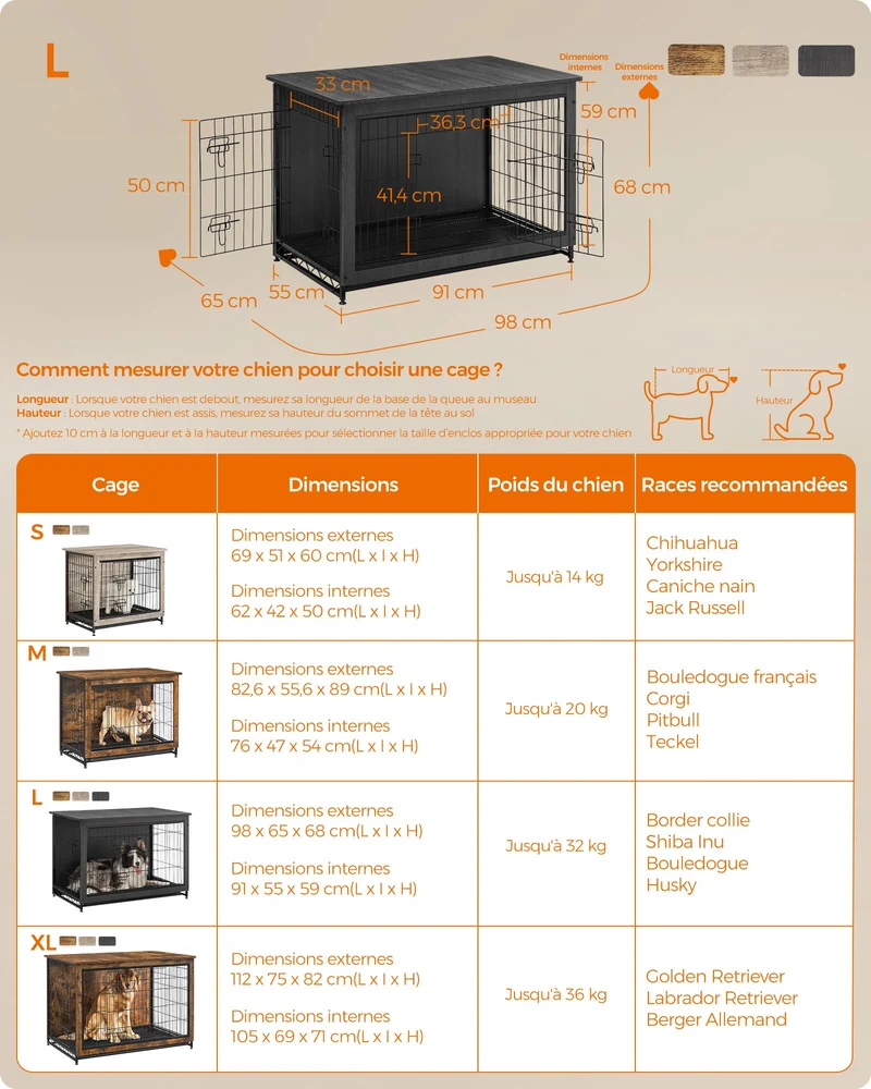 Cage pour chiens moderne avec 2 portes et plateau amovible 98 x 65 x 68 cm en aggloméré noir d'encre 12_0011687