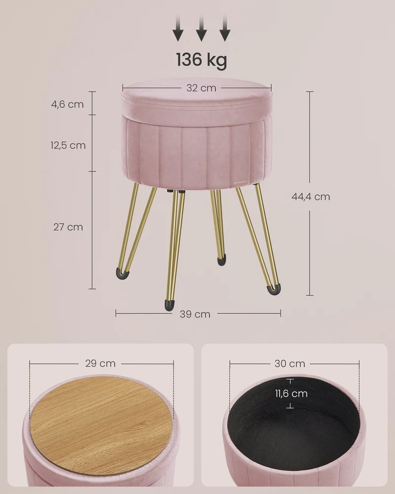 Tabouret rond avec espace de rangement 39 x 44,4 cm assise confortable style moderne dressing salon en velours rose bonbon 12_0011345