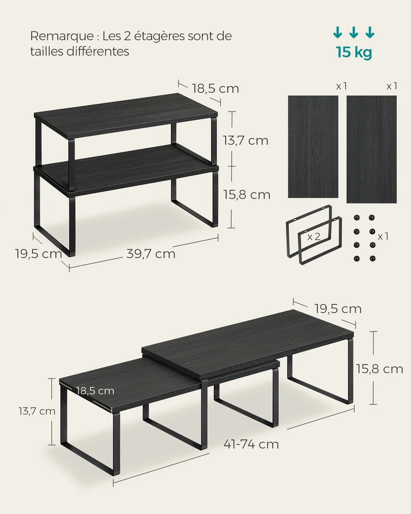 Lot de 4 étagères à épices empilables organisateur de placard extensible 19,5 x 39,7 x 15,8 cm en métal noir 12_0011291