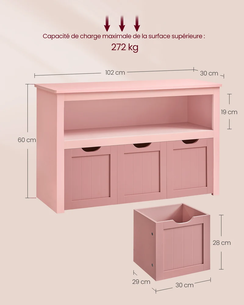 Meuble de rangement pour jouets étagère enfant 102 x 30 x 60 cm capacité 272 kg style contemporain en MDF rose bonbon 12_0010999