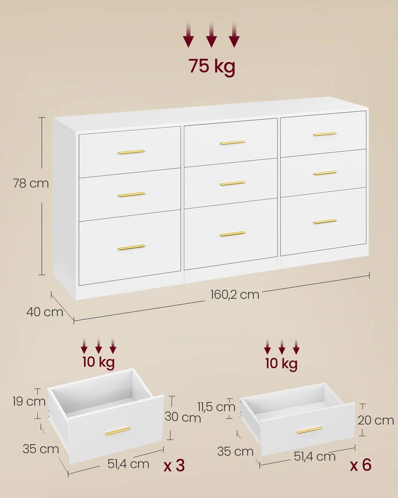 Commode de rangement moderne 40 x 160 x 78 cm 6 tiroirs design épuré meuble salon en aggloméré blanc 12_0013070