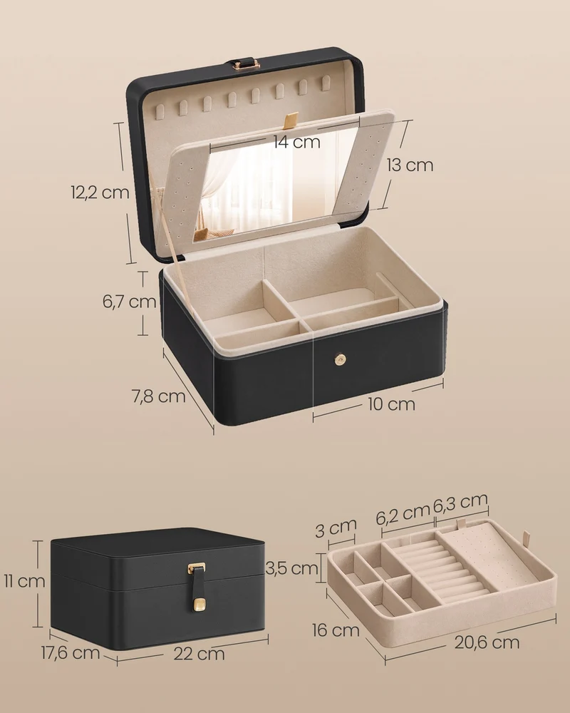 Boîte à bijoux porte-bijoux 17,6 x 22 x 11 cm avec miroir design élégant rangement pratique en MDF noir 12_0012919
