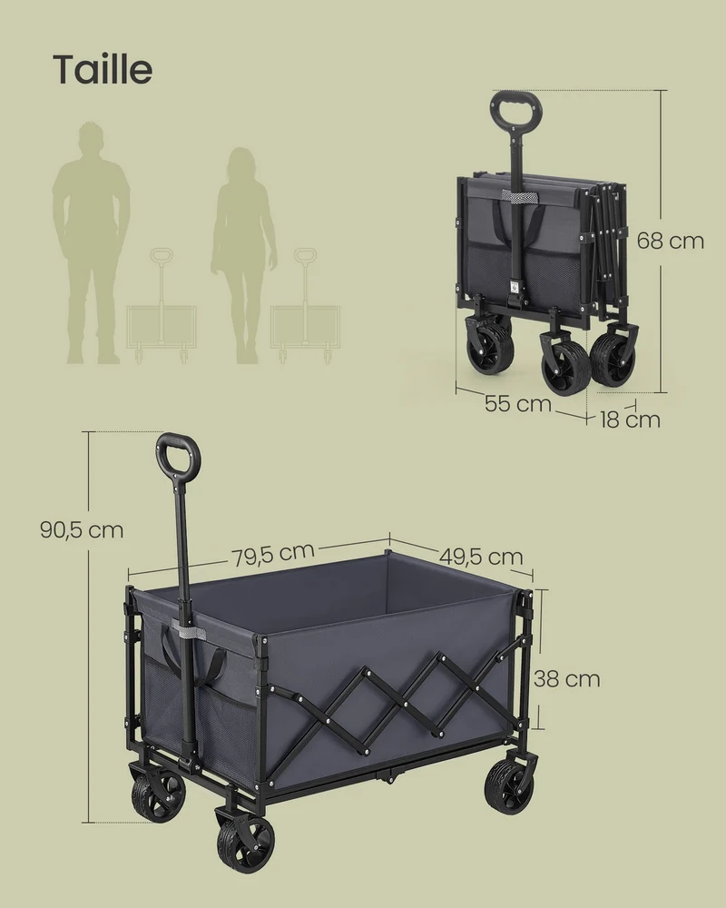 Chariot de transport pliable extérieur jardin 49,5 x 79,5 x 90,5 cm capacité 150 kg design pratique en acier gris ardoise 12_0012886