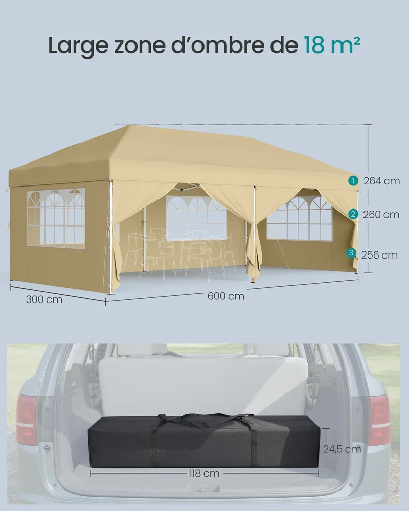 Tonnelle pliable portable avec parois latérales 600 x 300 x 264 cm protection solaire résistante en plastique beige 12_0012821