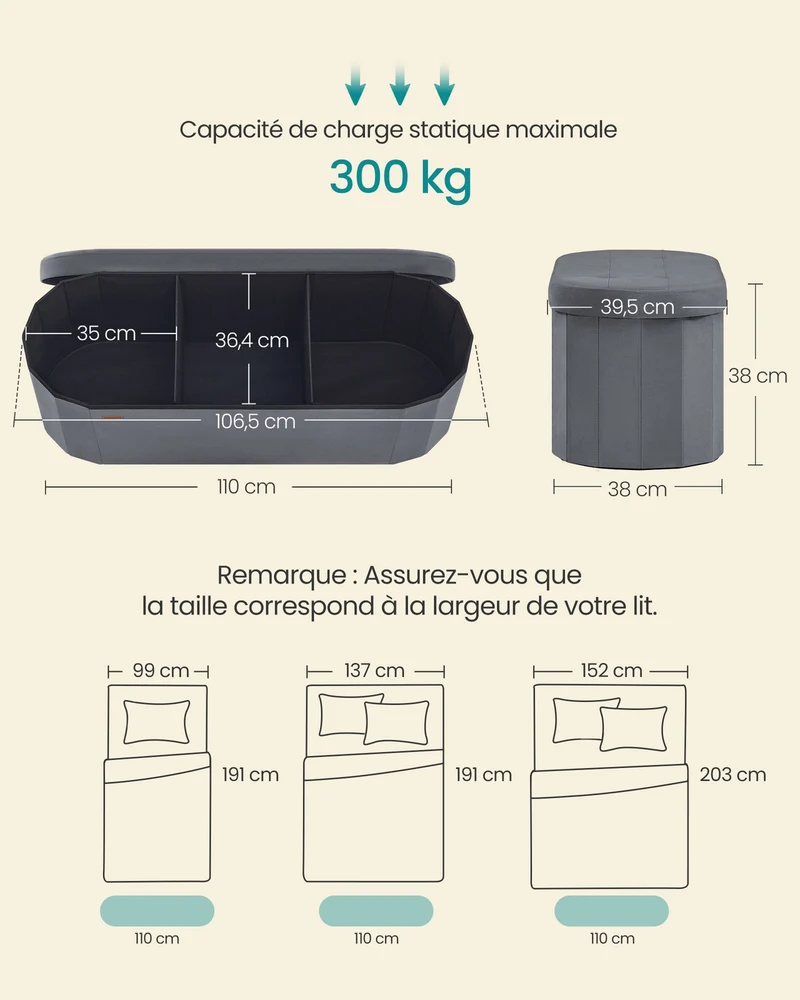 Banc de rangement pliable pour salon entrée chambre 38 x 110 x 38 cm confort rembourré style moderne en velours gris ardoise 12_0012733