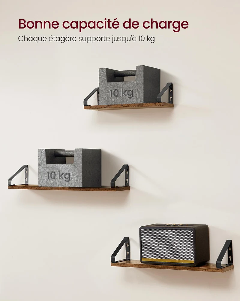 Lot de 3 étagères murales suspendues rangement modulable 12,7 x 60 x 11,2 cm en aggloméré noir 12_0012542