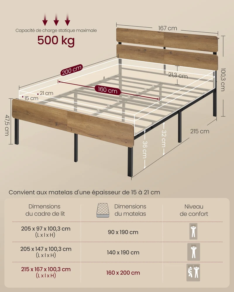 Lit 1 personne avec rangement et éclairage LED 215 x 167 x 100,3 cm style industriel en panneau d'aggloméré marron 12_0012175