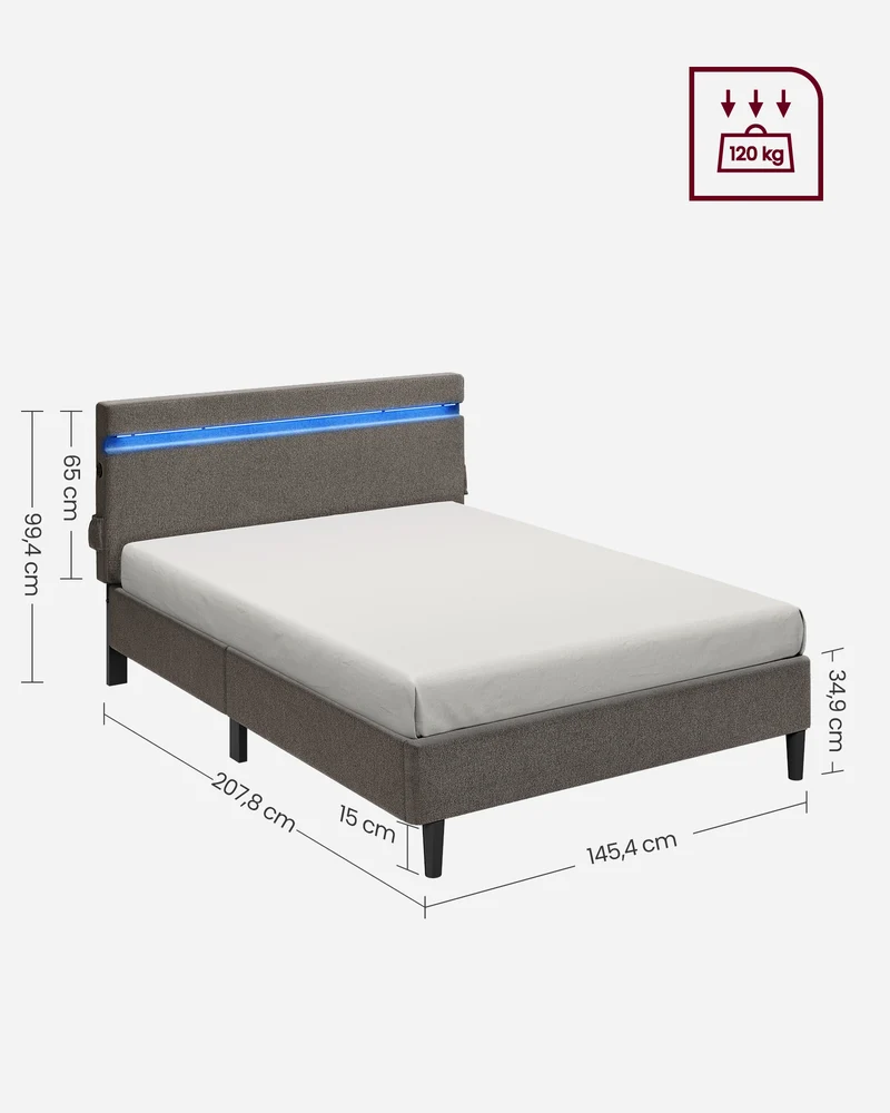 Lit double moderne avec tête de lit et éclairage LED 207,8 x 145,4 x 99,4 cm en acier gris foncé 12_0011229