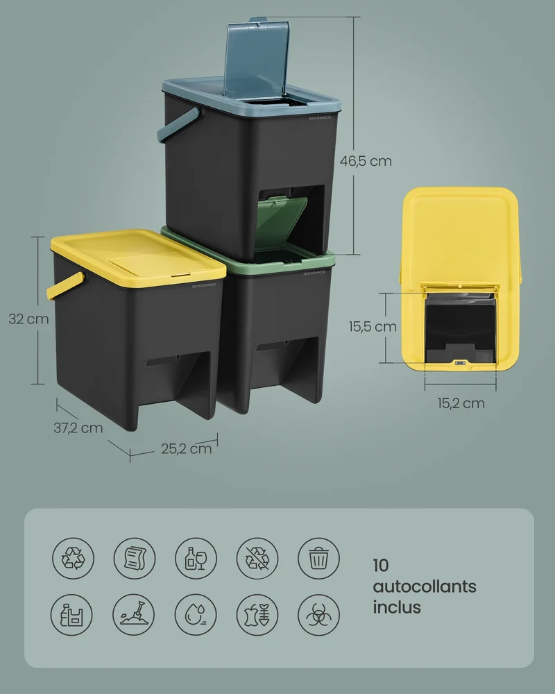 Lot de 4 poubelles de tri empilables 37,2 x 25,2 x 32 cm recyclage couvercles pression en plastique jaune 12_0011107