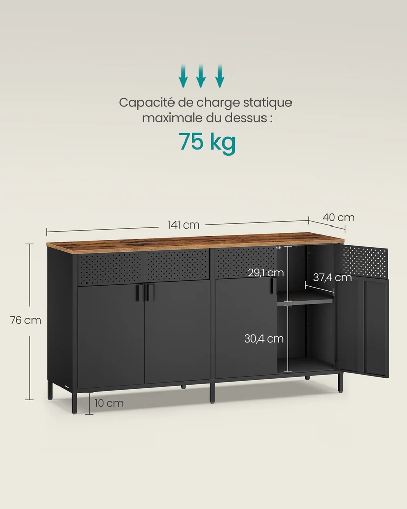 Buffet de rangement double porte aimantée étagère réglable 40 x 141 x 76 cm style industriel en panneau d’aggloméré marron rustique 12_0010266