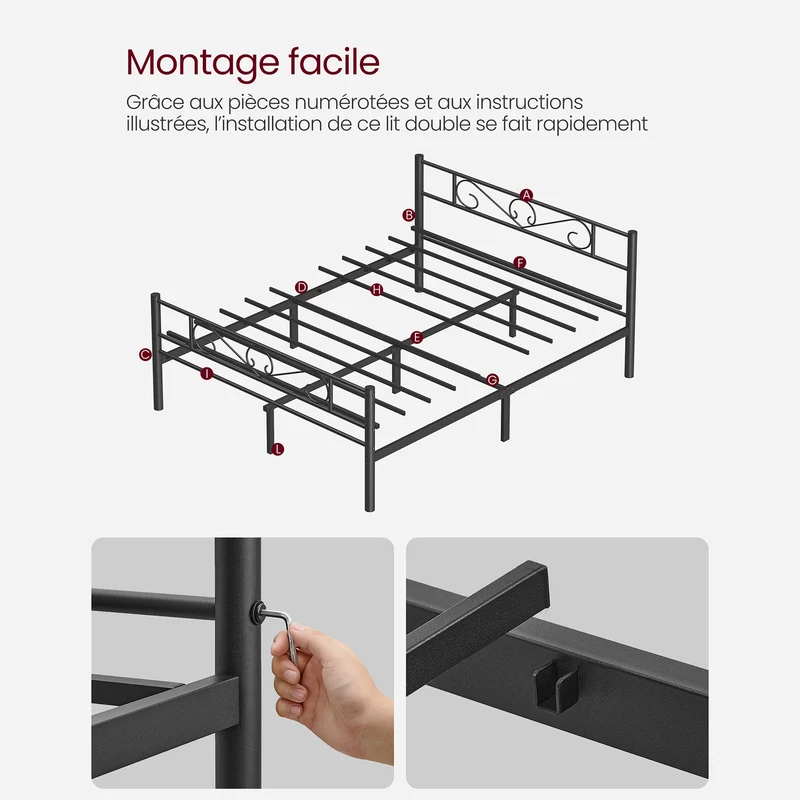 Lit double moderne pour petits espaces 207,6 x 161,8 x 86,4 cm montage facile en métal noir 12_0010091