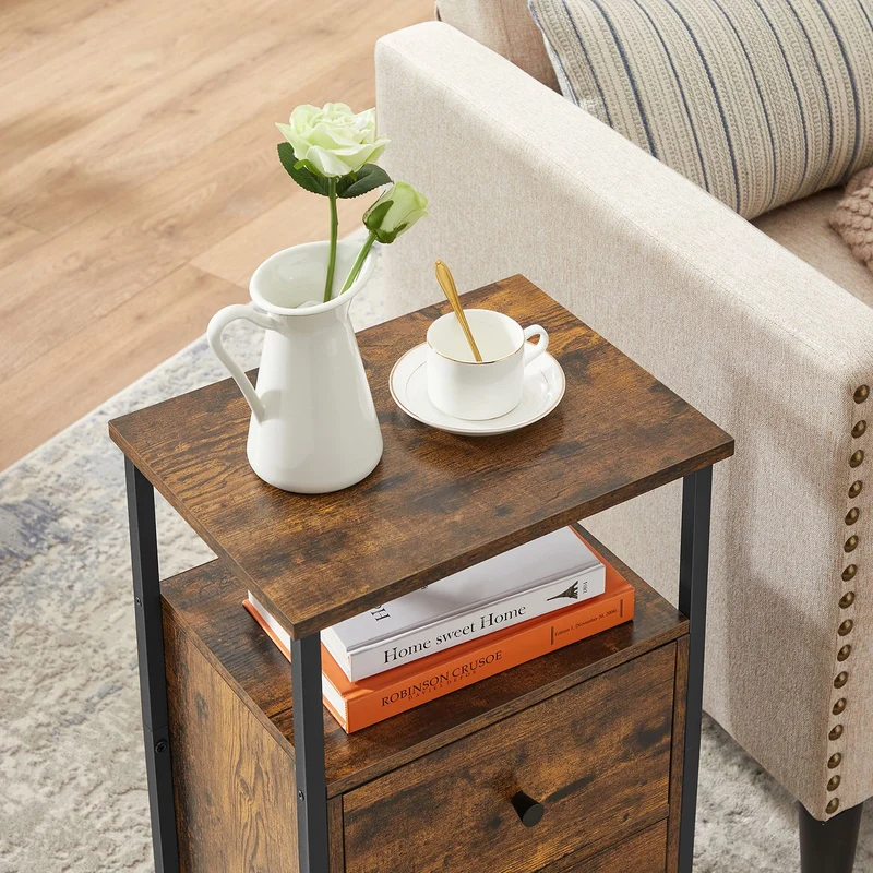 Table de chevet industrielle 38 x 28 x 60 cm avec 2 tiroirs pratique et design pour chambre et salon en aggloméré marron 12_0009612