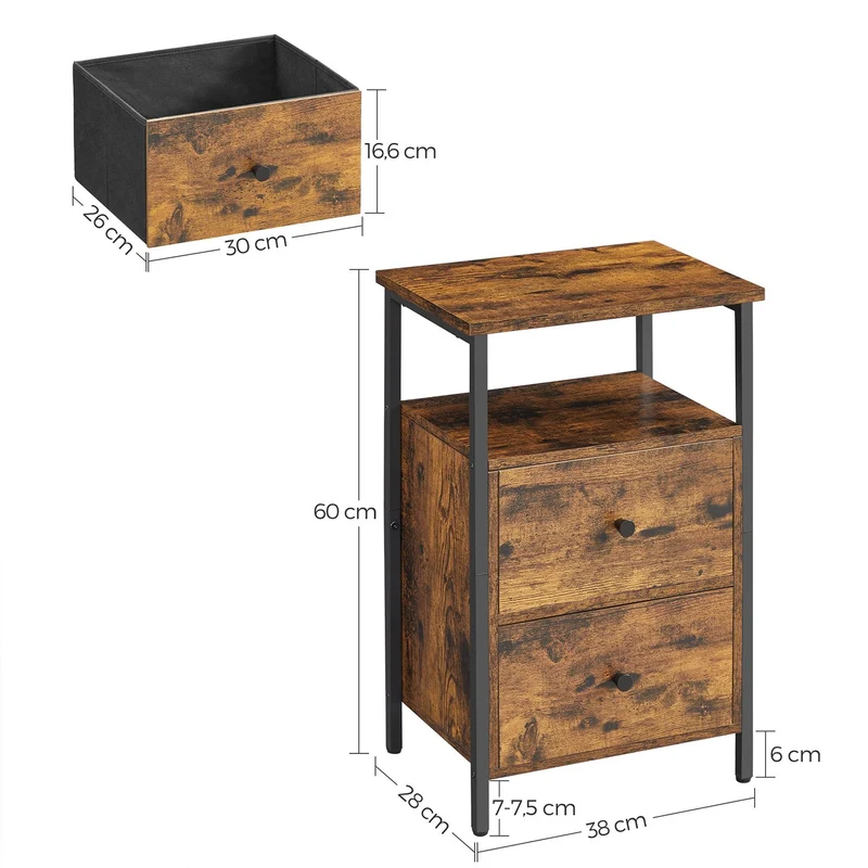 Table de chevet industrielle 38 x 28 x 60 cm avec 2 tiroirs pratique et design pour chambre et salon en aggloméré marron 12_0009612