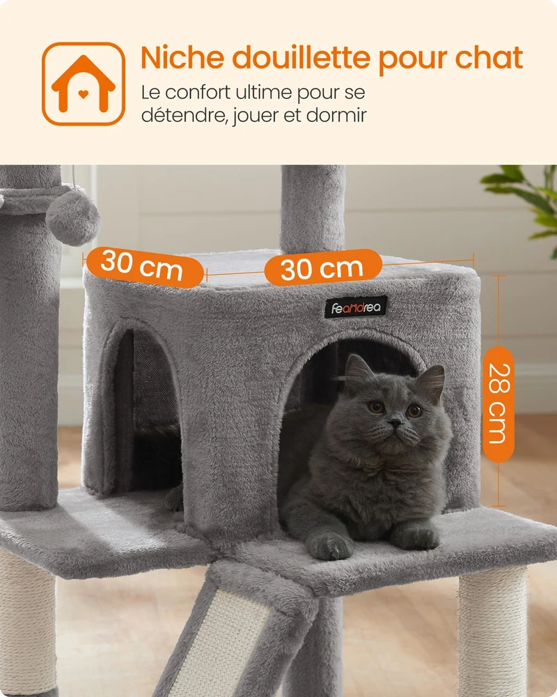 Arbre à chat avec planche à gratter hamac et grotte 48 x 48 x 96 cm en aggloméré gris clair