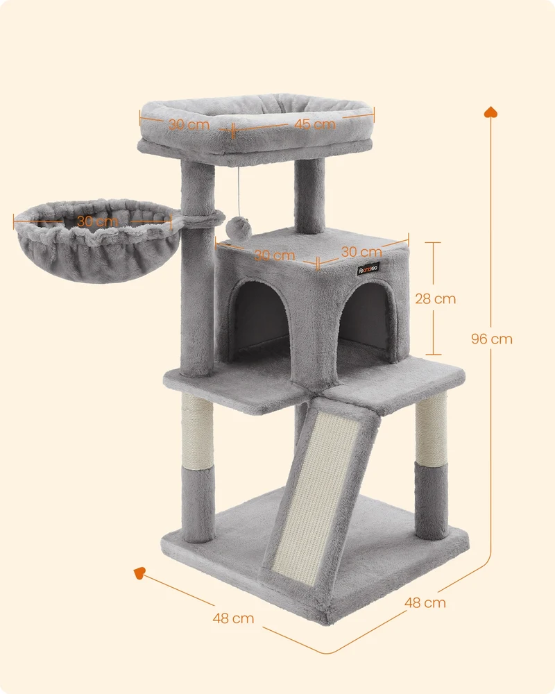 Arbre à chat avec planche à gratter hamac et grotte 48 x 48 x 96 cm en aggloméré gris clair