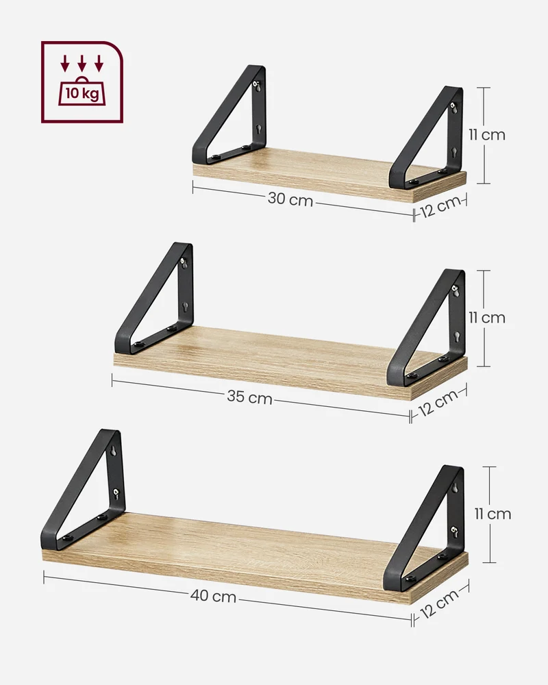 Lot de 3 étagères flottantes style industriel pour salon salle de bain 12 x 40 x 11 cm en aggloméré chêne