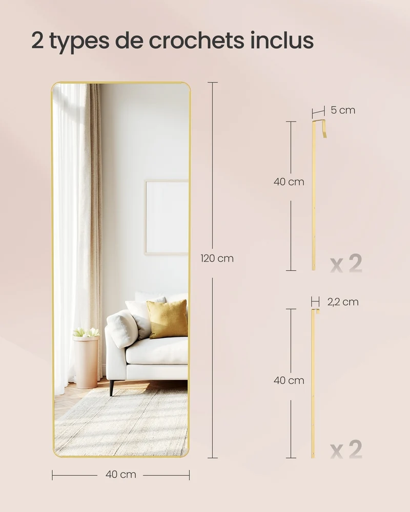 Miroir rectangulaire suspendu 120 x 40 cm design moderne pour chambre salon dressing en verre trempé doré 12_0013004