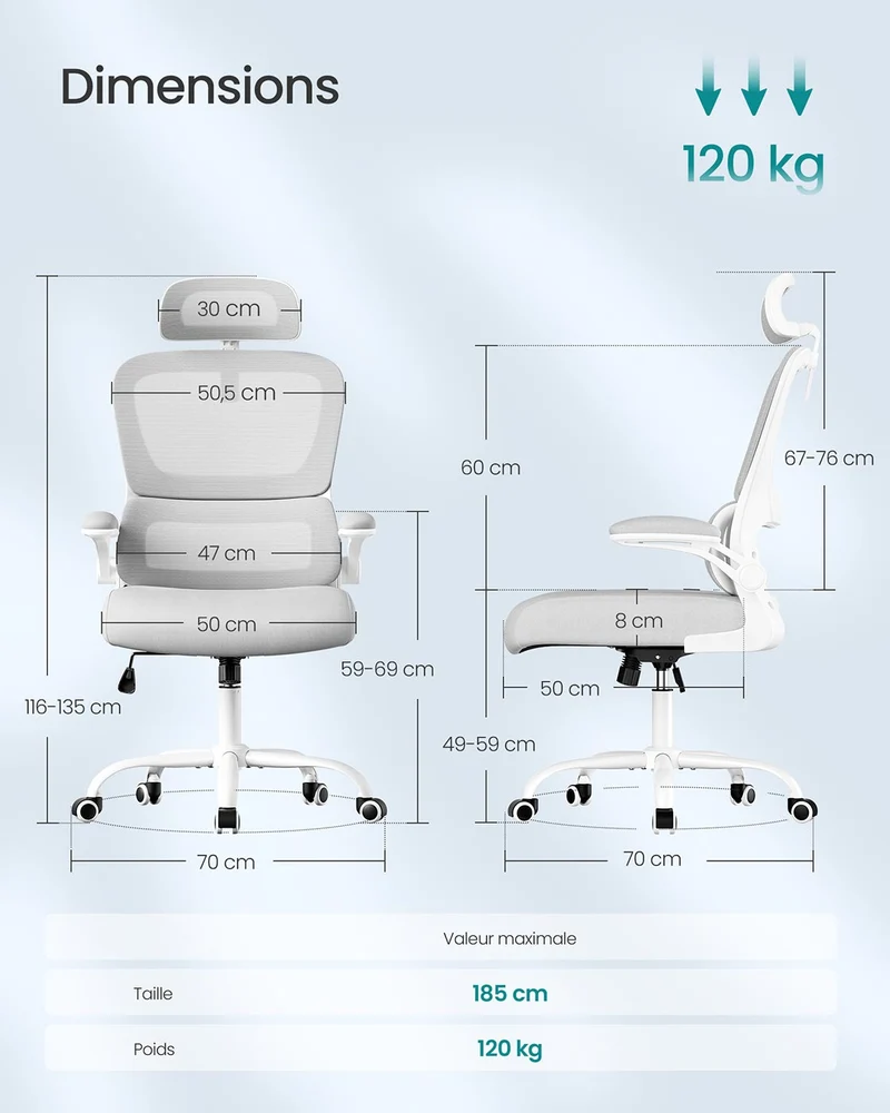 Chaise de bureau ergonomique avec accoudoirs rabattables et soutien lombaire 64 x 71,5 x 135 cm en polyester gris tourterelle 12_0012928