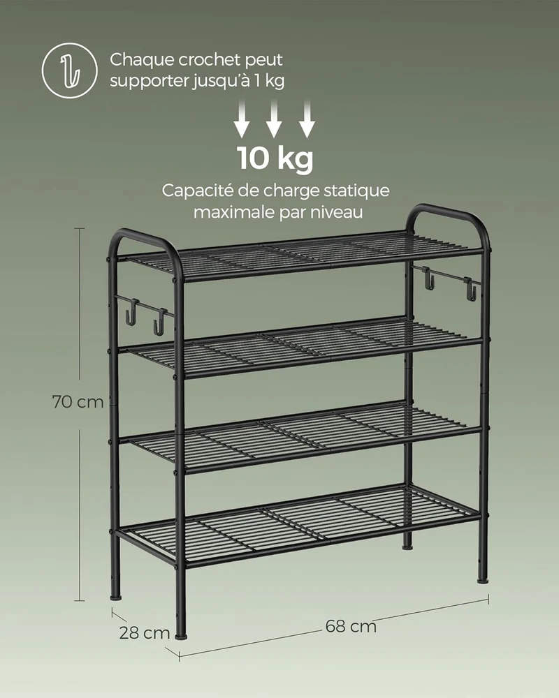 Étagère à chaussures réglable 28 x 68 x 70 cm capacité 44 kg style moderne en acier noir d’encre 12_0012587