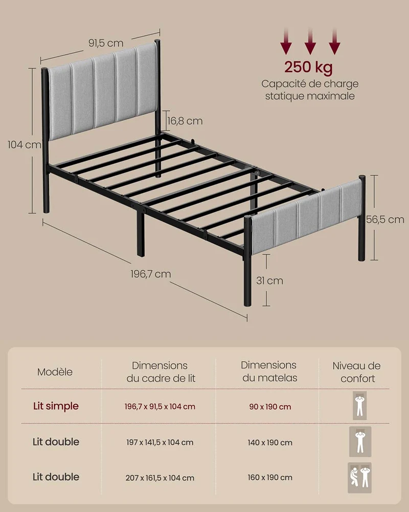 Lit simple avec tête de lit rembourrée 90 x 190 cm montage facile design moderne en acier gris 12_0012514