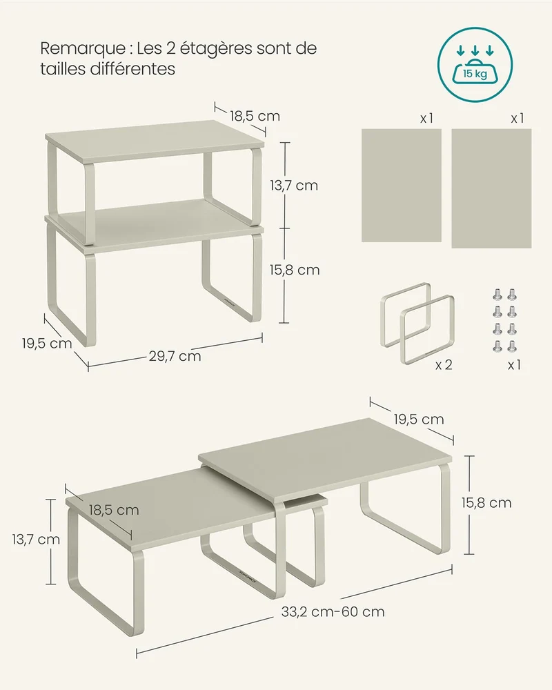 Lot de 2 étagères à épices extensibles cuisine 19,5 x 29,7 x 15,8 cm et 18,5 x 29,7 x 13,7 cm en métal beige cappuccino 12_0012484