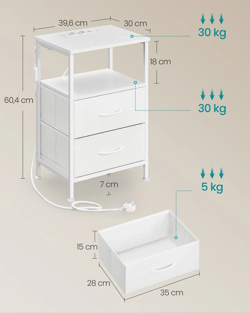 Table de chevet moderne avec éclairage LED réglable 30 x 39,6 x 60,4 cm style épuré 1 étagère ouverte 2 tiroirs en panneau MDF blanc 12_0012303
