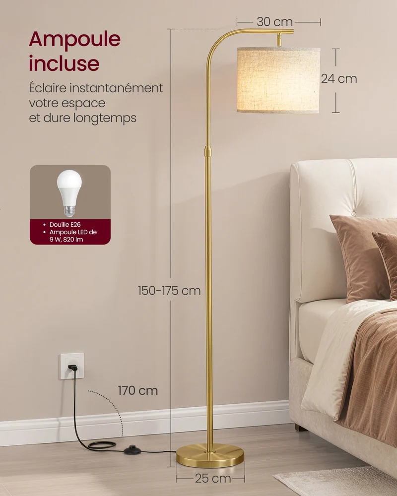 Lampadaire arc hauteur réglable 150 x 30 x 30 cm design moderne ambiance cosy en acier doré clair 12_0012299