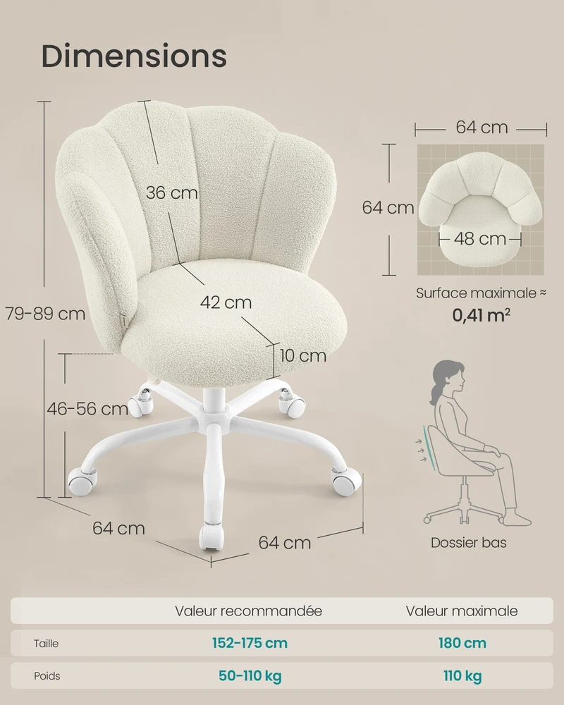 Chaise de bureau pivotante ergonomique hauteur réglable 64 x 64 x 89 cm dossier en forme de pétales style moderne en tissu peluche blanc crème 12_0012281