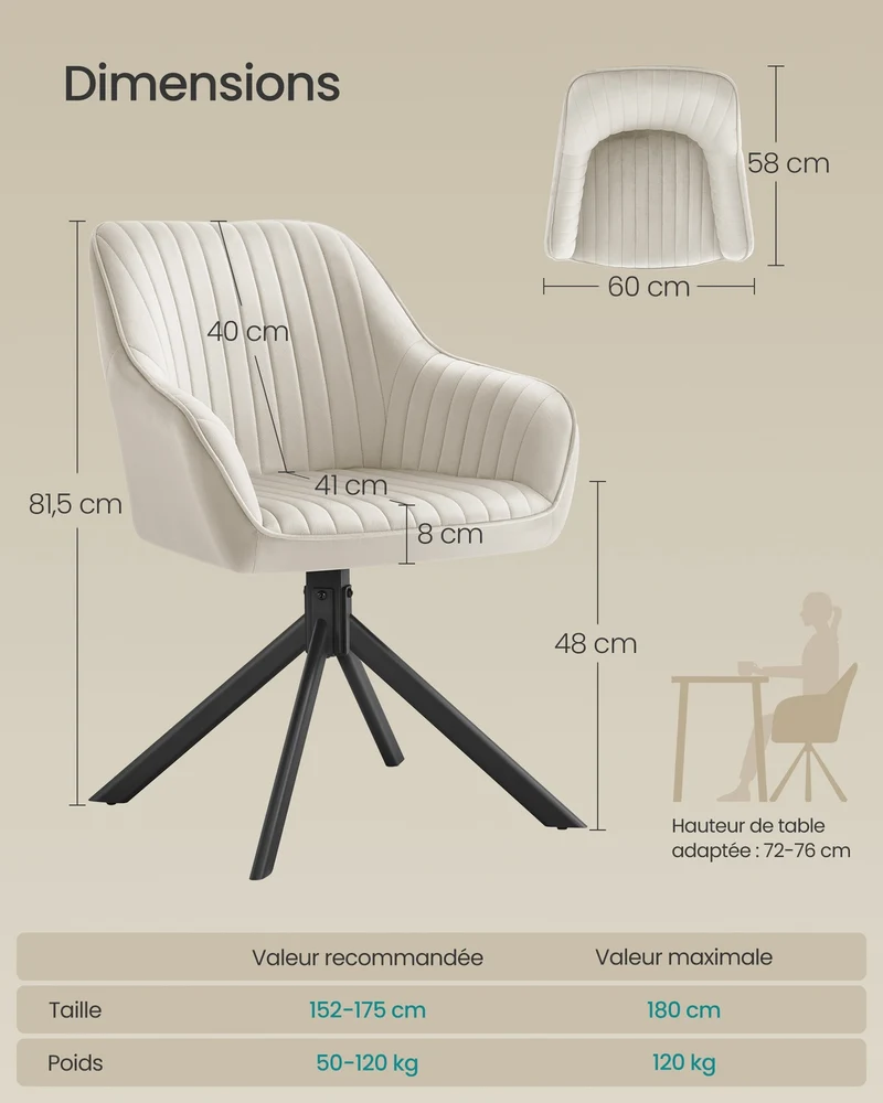 Lot de 2 chaise de salle à manger pivotante rembourrée 58 x 60 x 81,5 cm confort assise ergonomique style contemporain en velours marron caramel 12_0012229