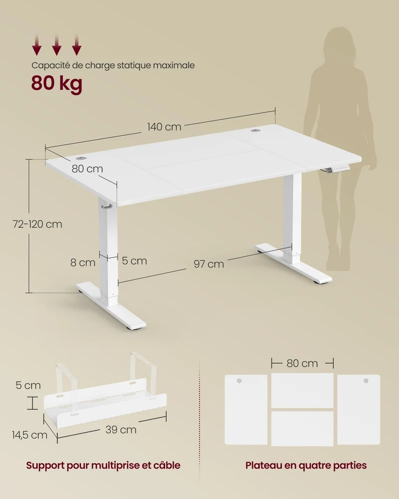 Bureau électrique réglable en hauteur 140 x 80 cm fonction mémoire 3 hauteurs télétravail style contemporain en aggloméré blanc 12_0012077