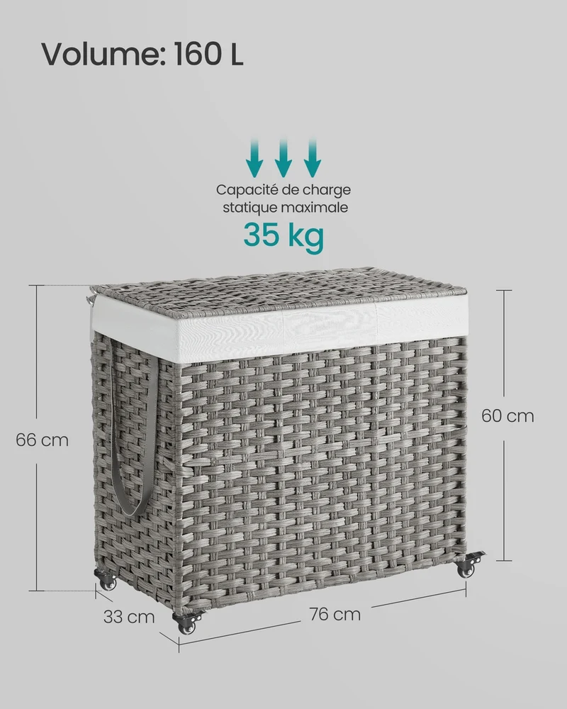 Panier à linge tissé à la main 76 x 33 x 66 cm 3 compartiments amovibles design épuré en plastique gris 12_0010695