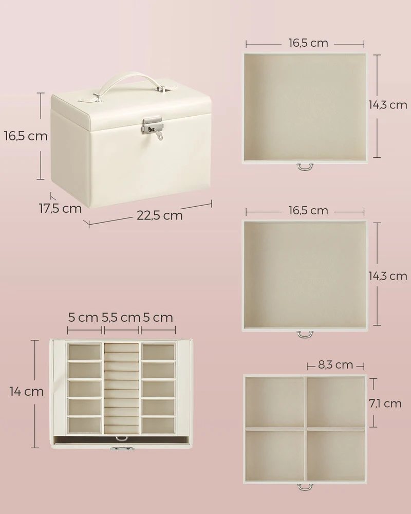 Boîte à bijoux organisateur portable 17,5 x 22,5 x 16,5 cm avec miroir et verrouillage style chic en MDF blanc 12_0009575