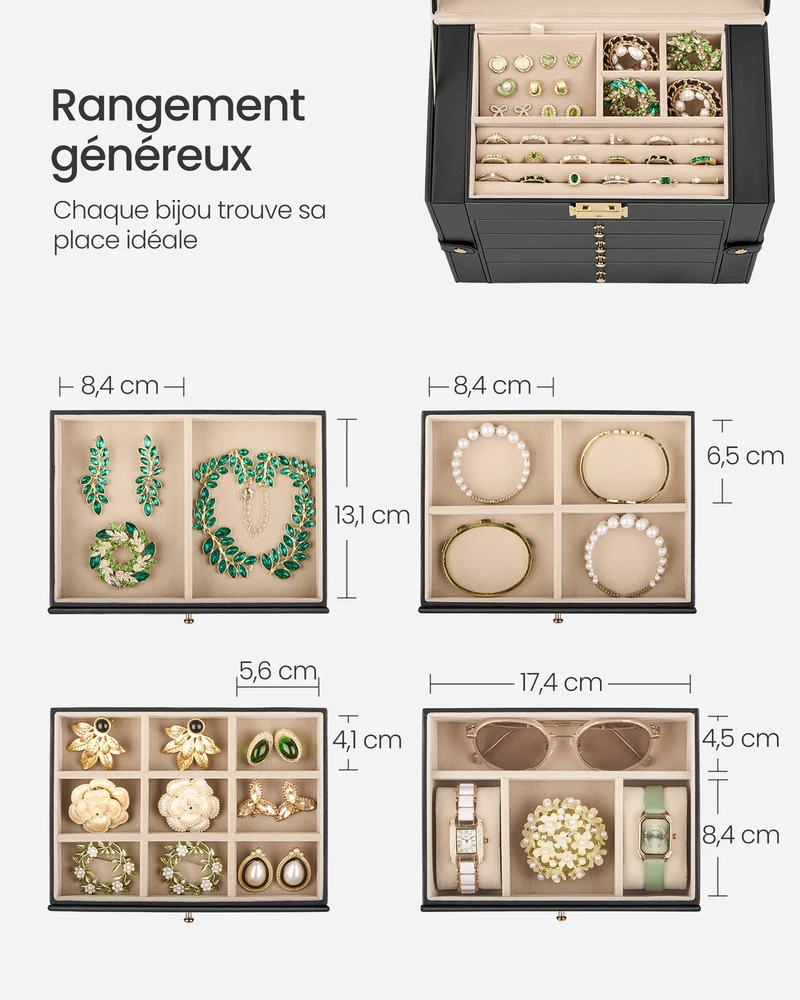 Boîte à bijoux grand modèle avec miroir 15 x 26,2 x 28 cm pour rangement élégant tendance en PU noir 12_0009417