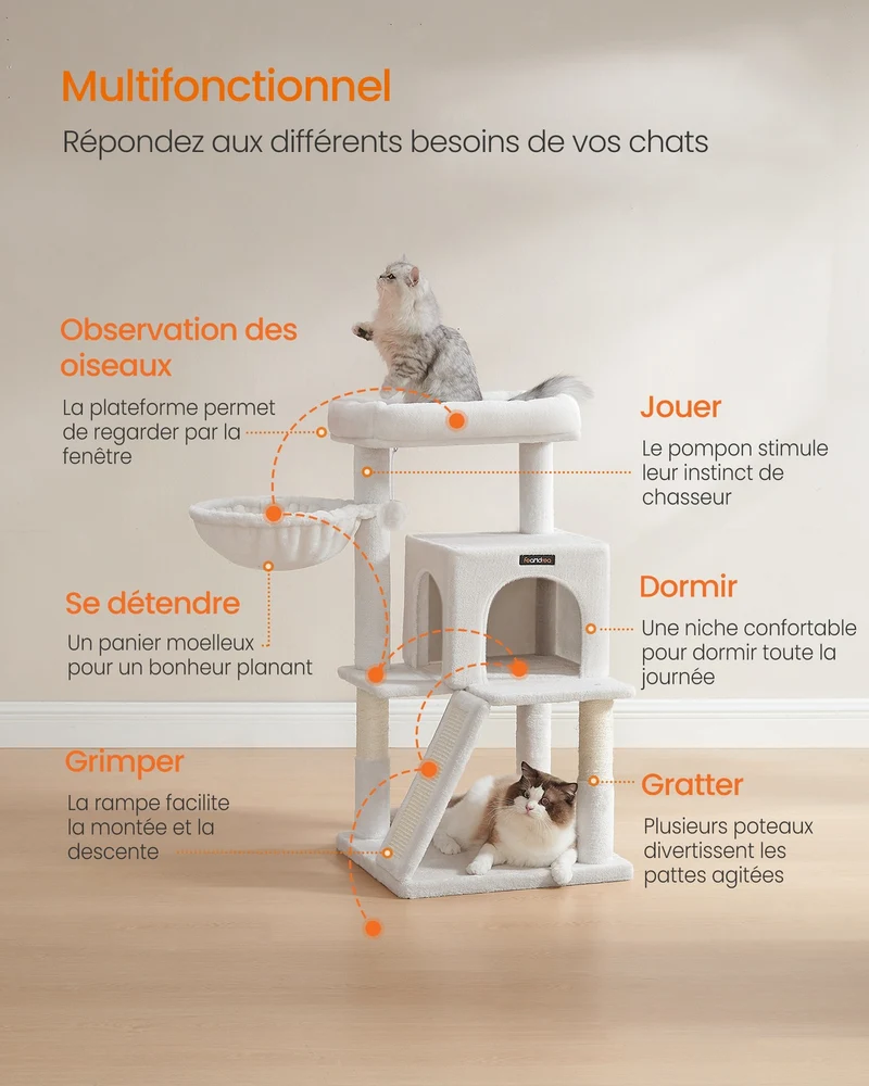 Arbre à chat avec planche à gratter 48 x 48 x 96 cm design moderne confort et jeu en aggloméré blanc crème 12_0008987