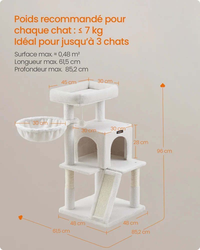 Arbre à chat avec planche à gratter 48 x 48 x 96 cm design moderne confort et jeu en aggloméré blanc crème 12_0008987
