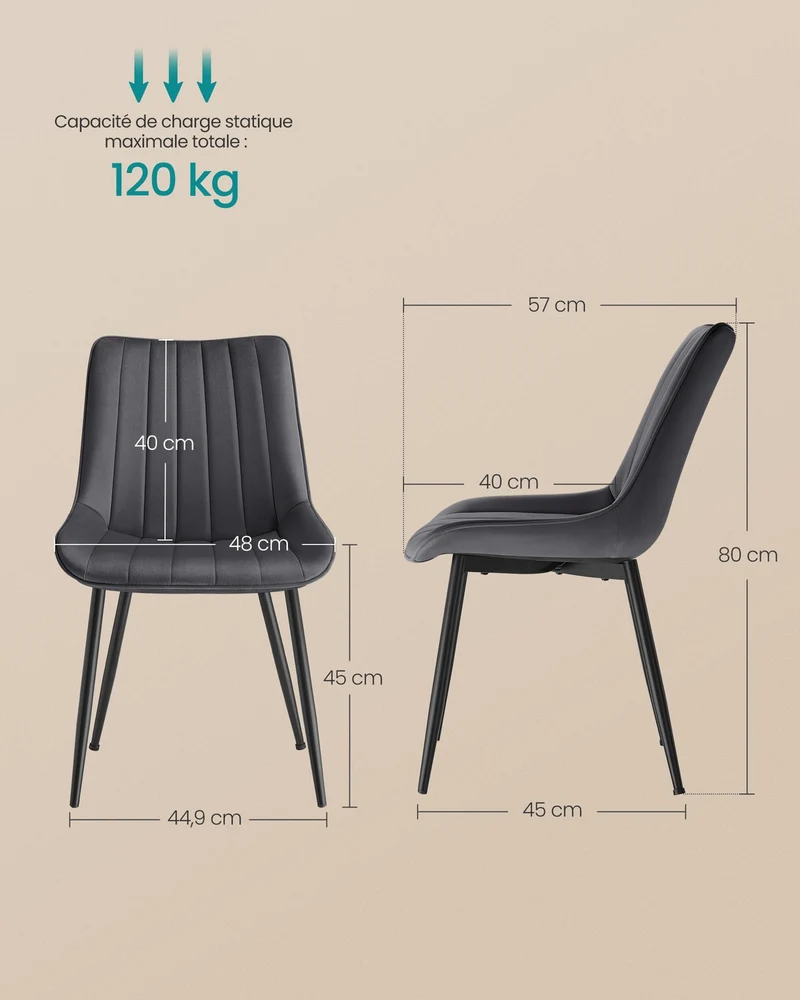 Lot de 6 chaises de salle à manger ergonomiques 57 x 48 x 80 cm confort assise douce style contemporain en polyester noir 12_0012790