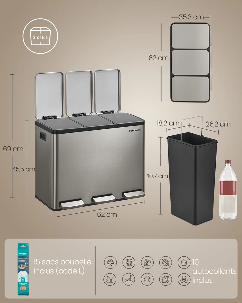 Poubelle de cuisine 62 x 35,3 x 45,5 cm tri 2 compartiments amovibles poignées en acier inoxydable argent 12_0012737