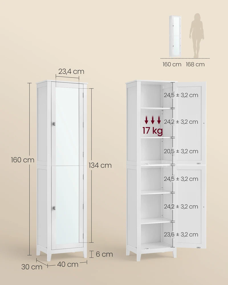 Armoire de salle de bain avec miroir pleine longueur 30 x 40 x 160 cm gain de place style moderne en MDF blanc 12_0012669