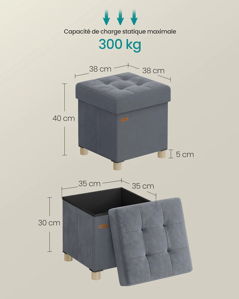 Lot de 1 tabouret de rangement design contemporain 38 x 38 x 40 cm assise confortable en velours gris ardoise 12_0012323