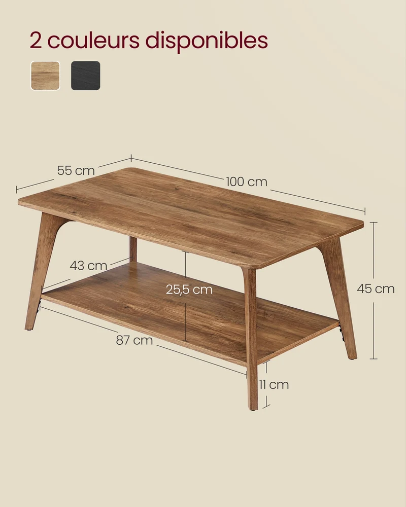 Table basse à 2 niveaux avec rangement salon 55 x 100 x 45 cm design contemporain en aggloméré marron miel 12_0012245