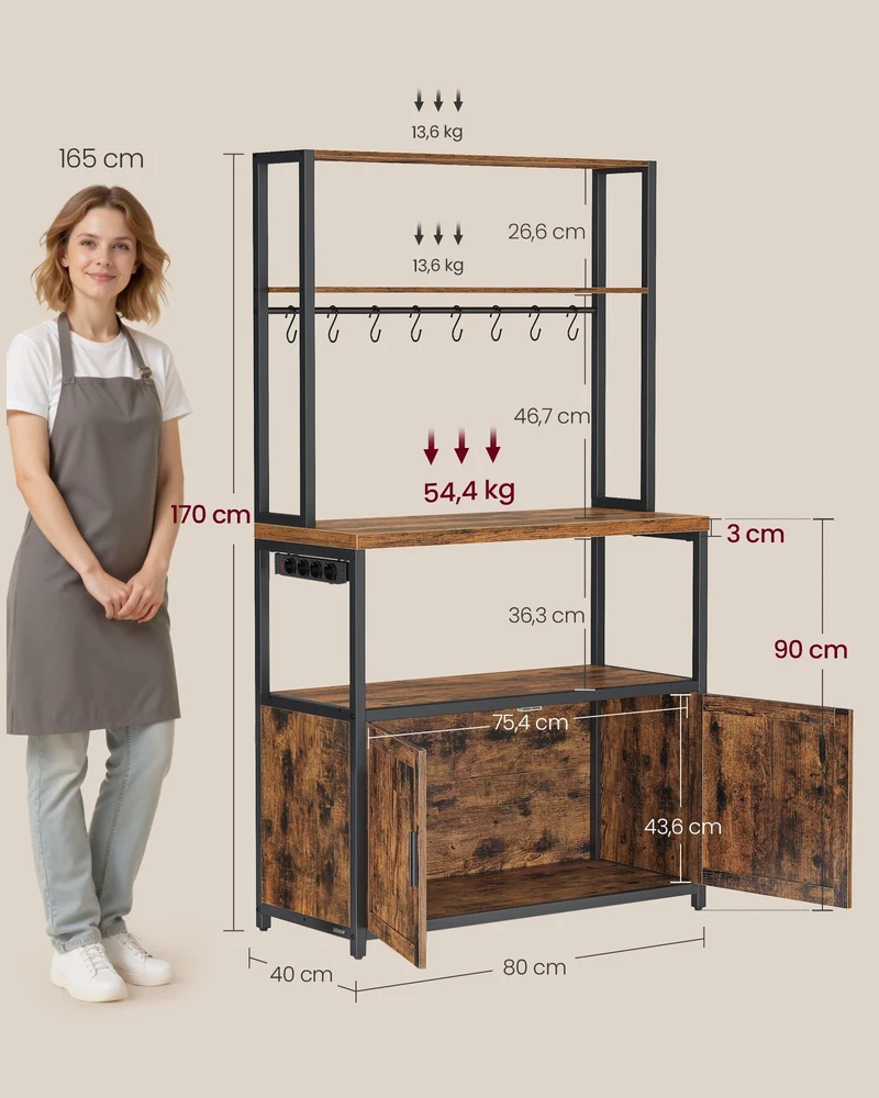 Étagère de cuisine avec support micro-ondes 40 x 80 x 170 cm pratique et moderne ambiance rustique en aggloméré marron 12_0012177