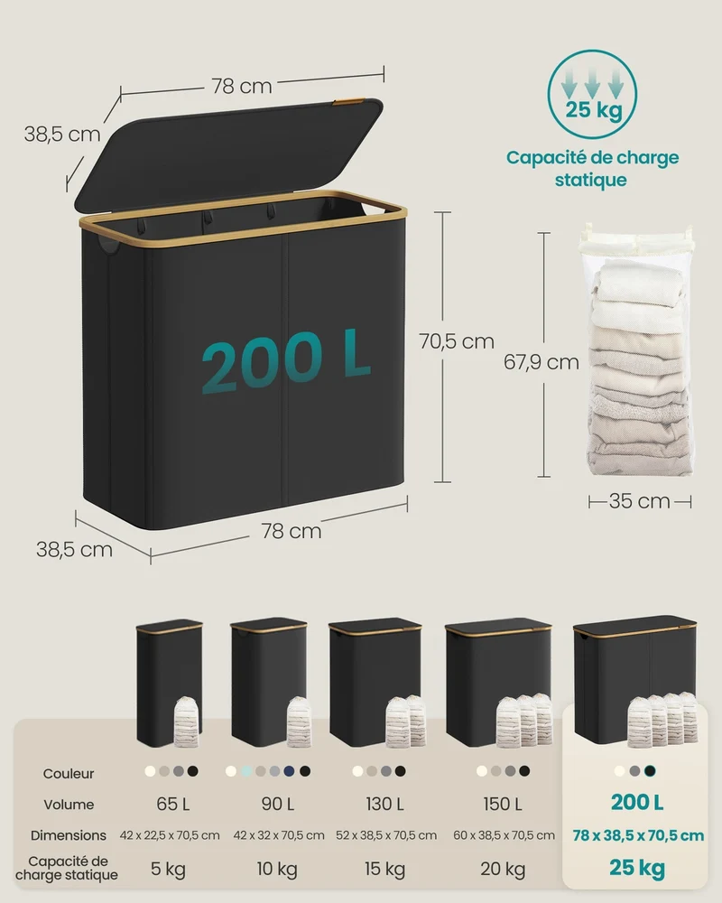 Panier à linge pliable gain de place 78 x 38,5 x 70,5 cm en tissu oxford noir 12_0011892