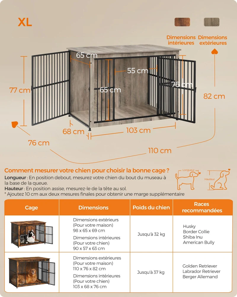 Meuble cage pour chien table d'appoint 110 x 76 x 82 cm solide double porte style moderne en aggloméré grège chiné 12_0011725