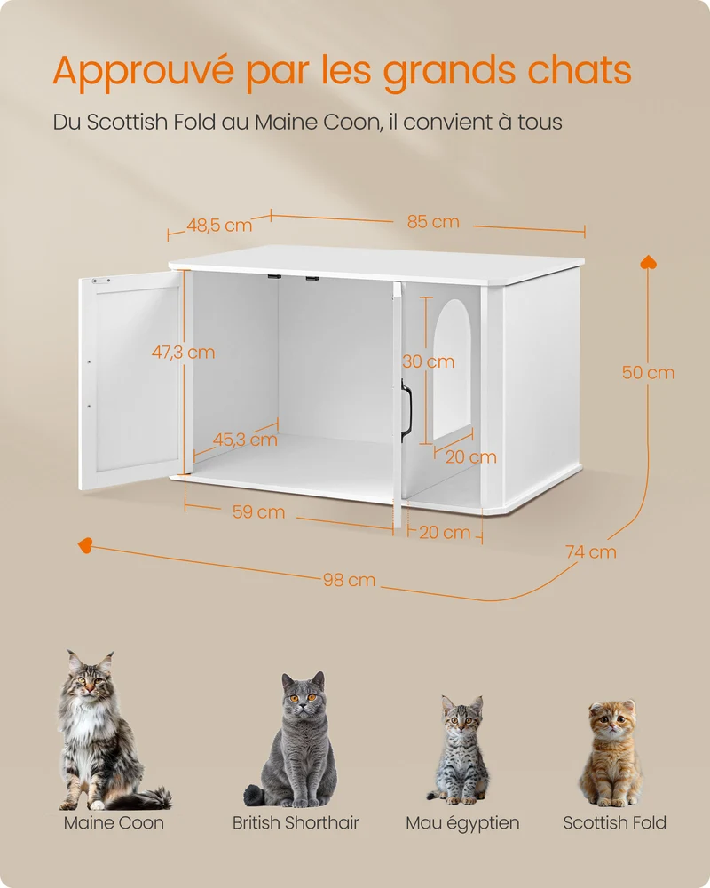 Meuble litière moderne entrée par devant double porte 85 x 48,5 x 50 cm en aggloméré blanc 12_0011671